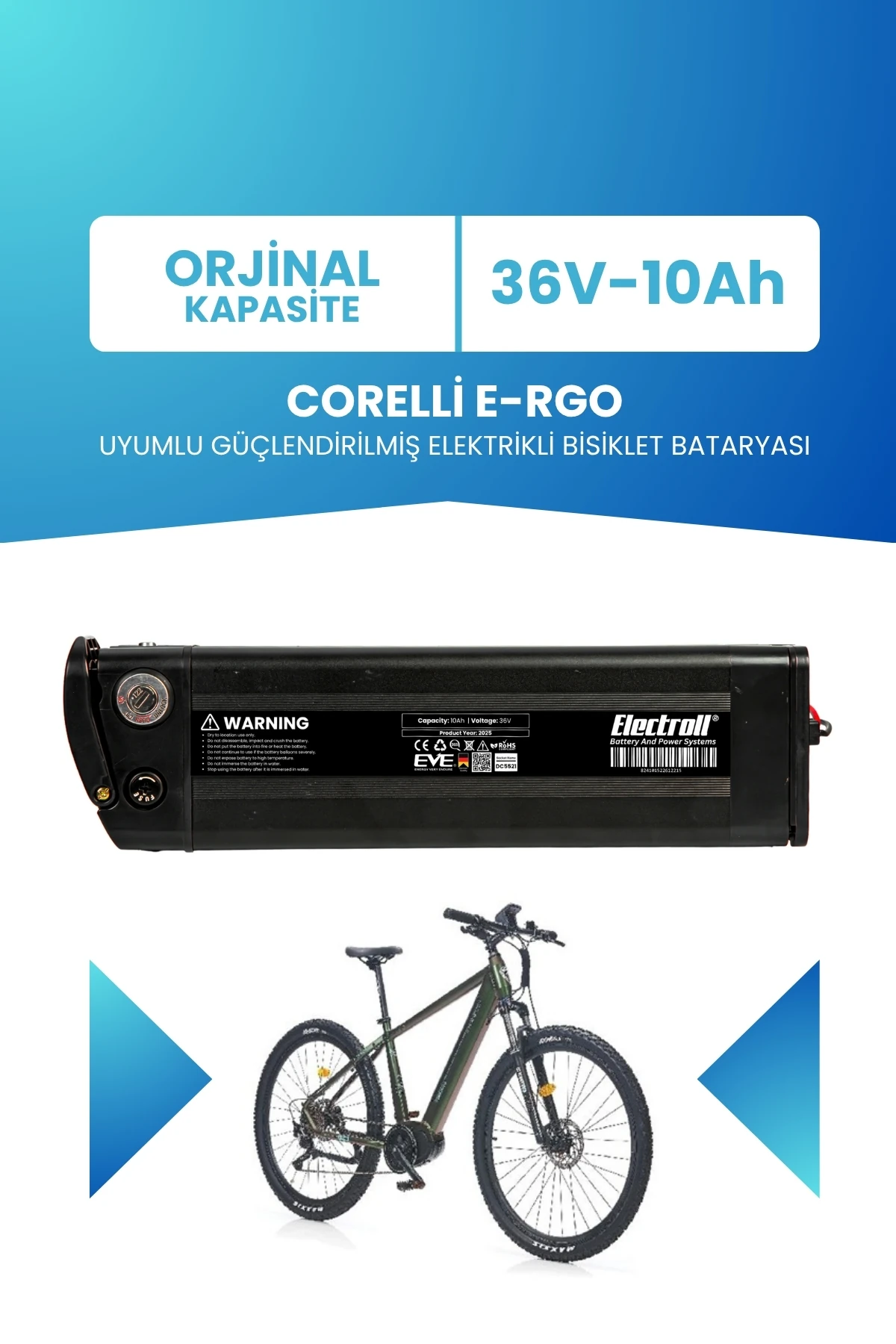 Corelli E-Rgo Uyumlu 36V 10Ah Güçlendirilmiş Elektrikli Bisiklet Bataryası