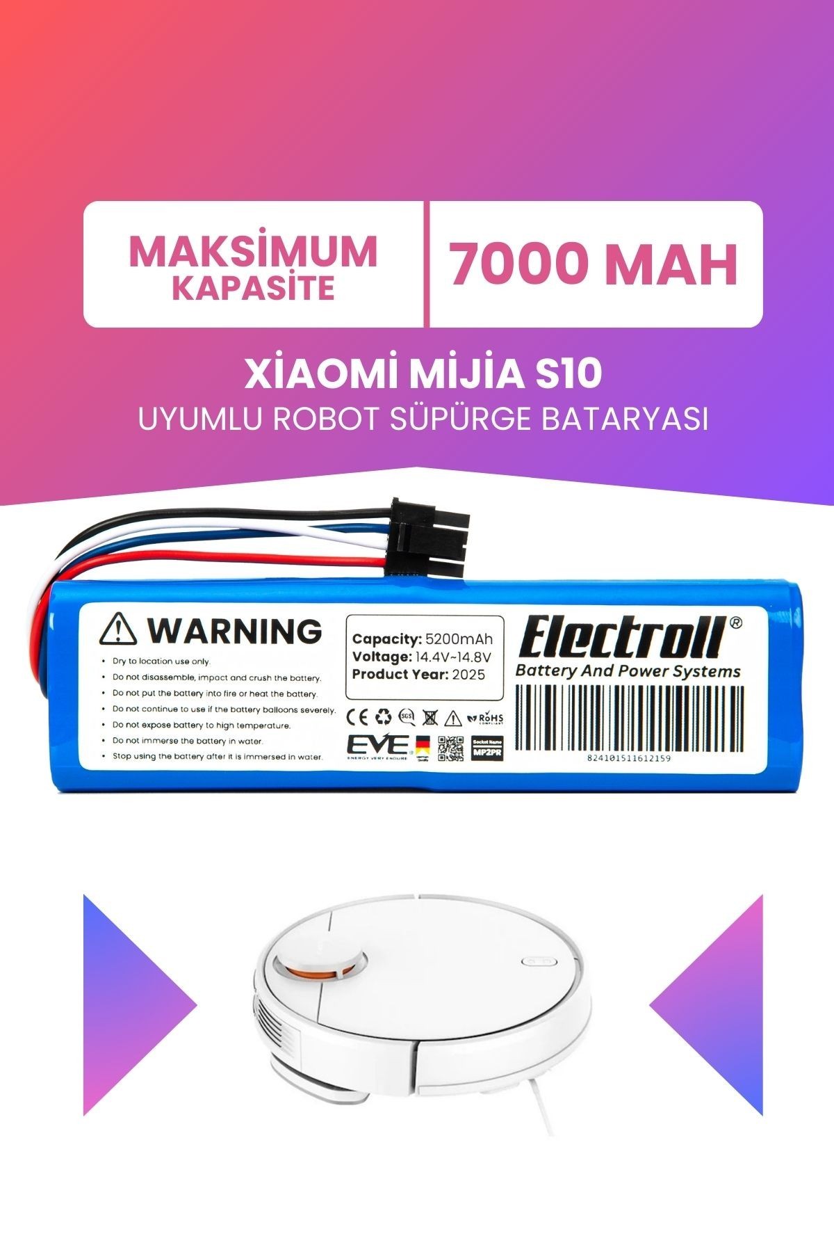 Xiaomi Mijia S10 Uyumlu Batarya (MAKSİMUM KAPASİTE) 7000mah Pil Robot Süpürge Bataryası BHR6388GB