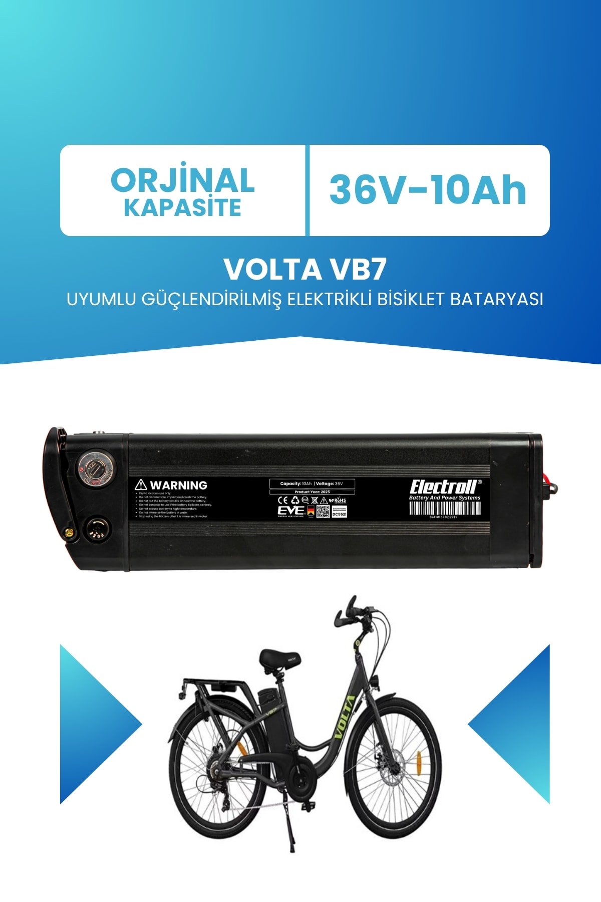 Volta Vb7 Uyumlu Güçlendirilmiş Elektrikli Bisiklet Bataryası