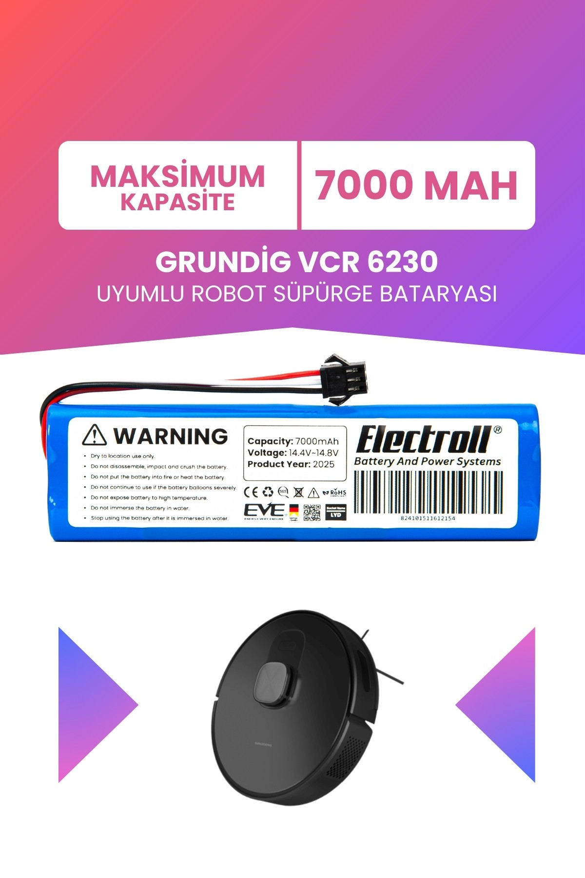 Grundig Vcr 6230 Uyumlu Batarya (MAKSİMUM KAPASİTE) 7000mah Robot Süpürge Bataryası