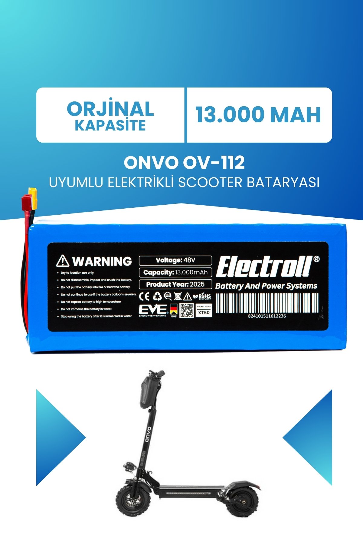 ONVO OV-112 (Orijinal Kapasite) Batarya 48v 13ah Pil Elektrikli Scooter Bataryası