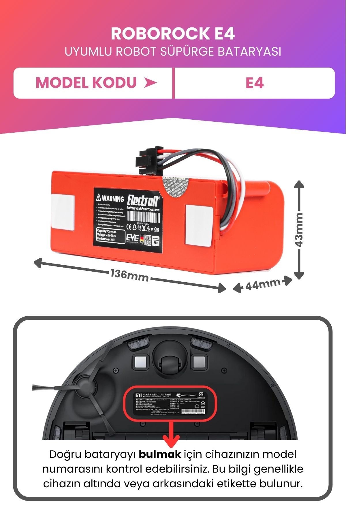 Roborock E4 Uyumlu Batarya (MAKSİMUM KAPASİTE) 7000mah Pil Kutulu Robot Süpürge Bataryası Değişimi