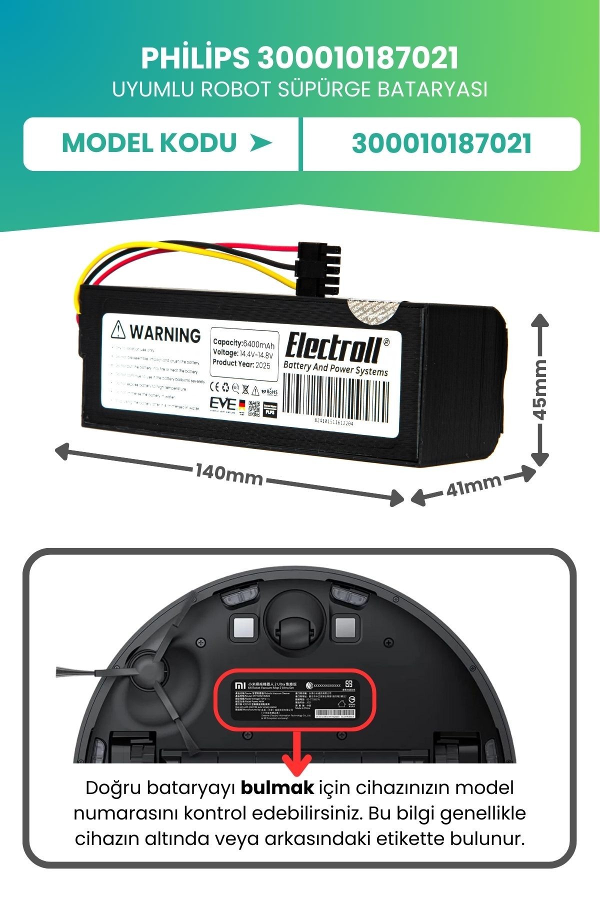 Philips 300010187021 Uyumlu Batarya (YÜKSEK KAPASİTE) 6400mah Pil Robot Süpürge Bataryası Değişimi