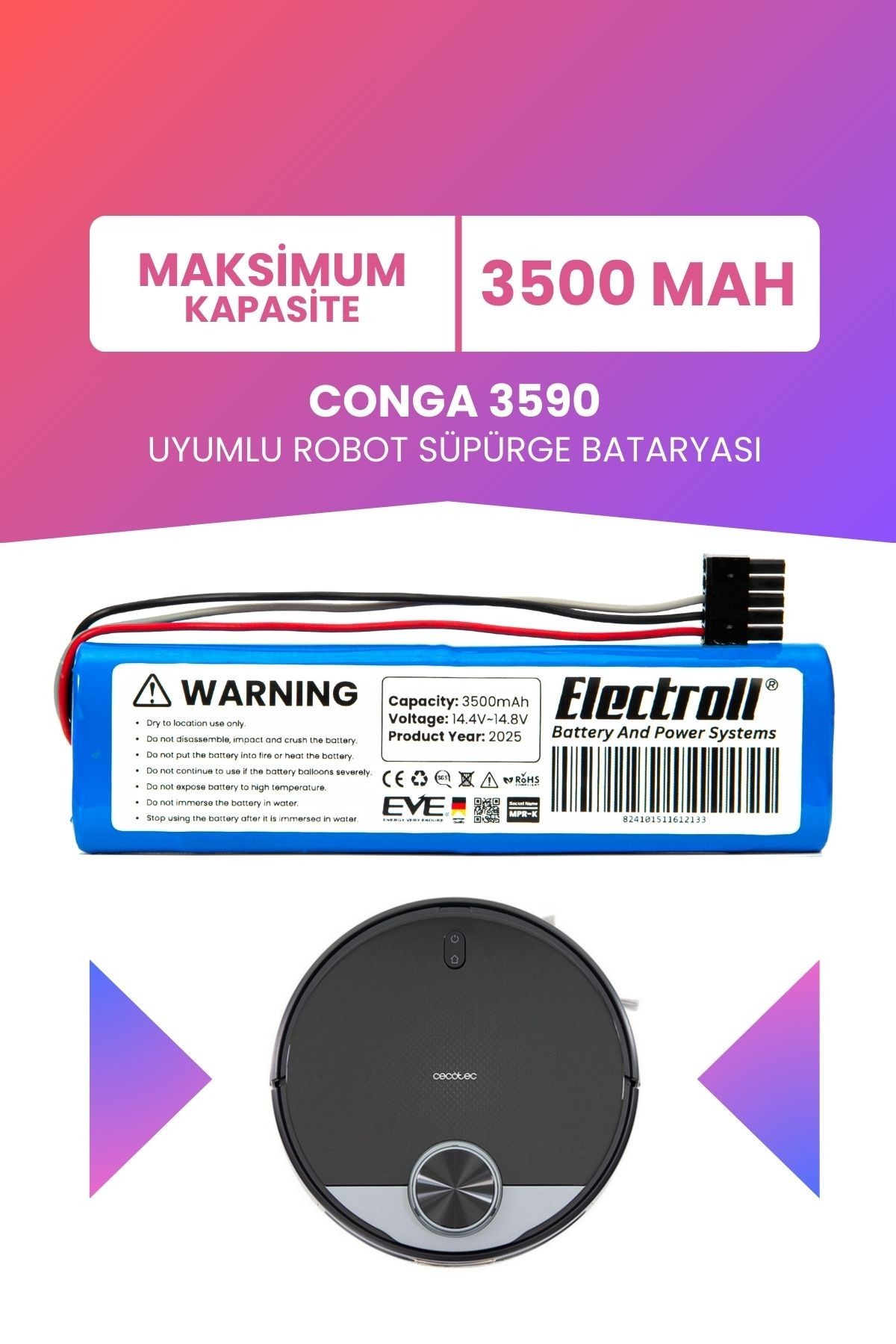 Conga 3590 Uyumlu Batarya (MAKSİMUM KAPASİTE) 3500mah Pil Robot Süpürge Bataryası Değişimi