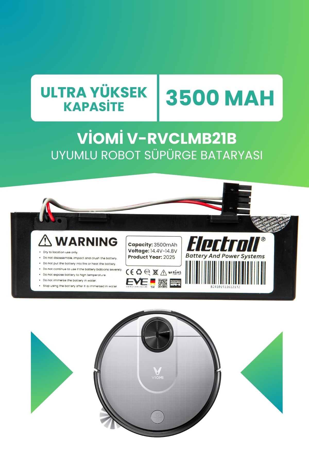 Viomi V-rvclmb21b Uyumlu Batarya (ULTRA YÜKSEK KAPASİTE) 3500mah Kutulu Robot Süpürge Pil Değişimi