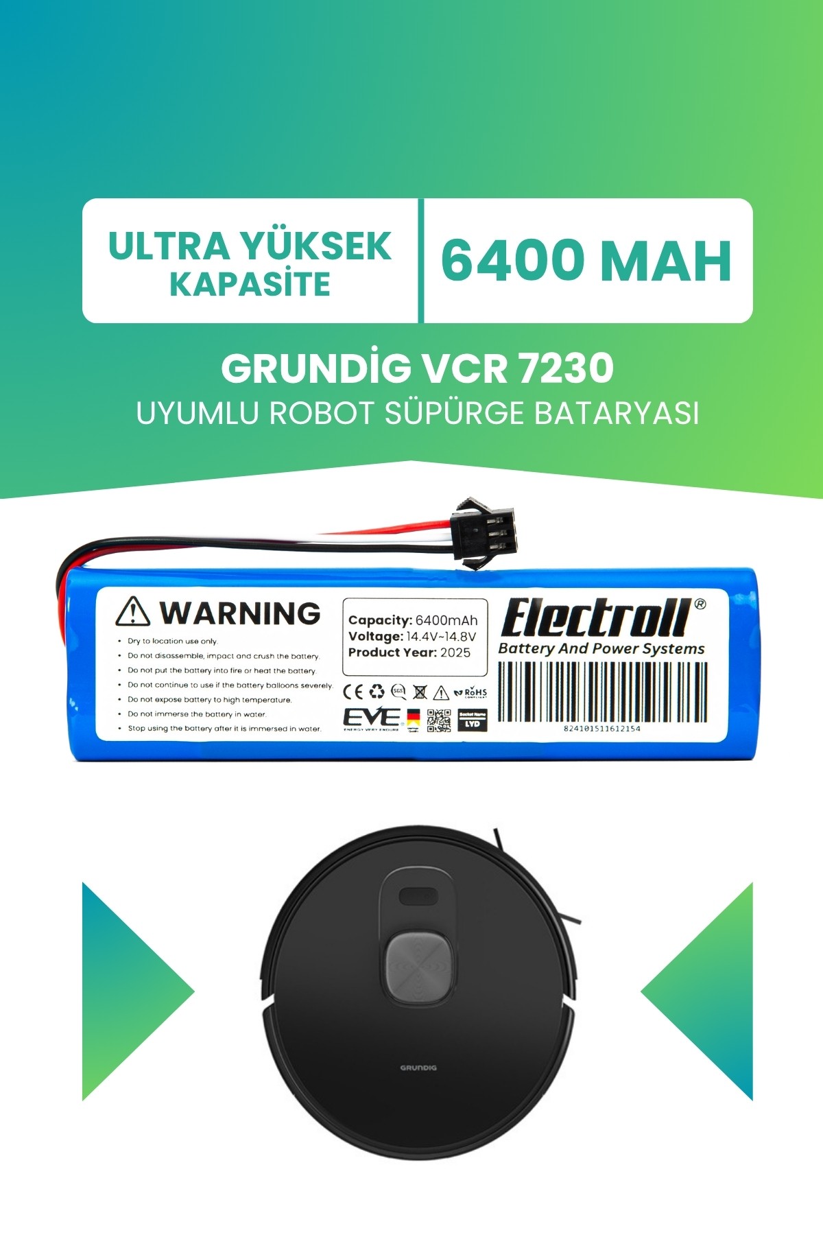Grundig Vcr 7230 Uyumlu Batarya (ULTRA YÜKSEK KAPASİTE) 6400mah Robot Süpürge Bataryası