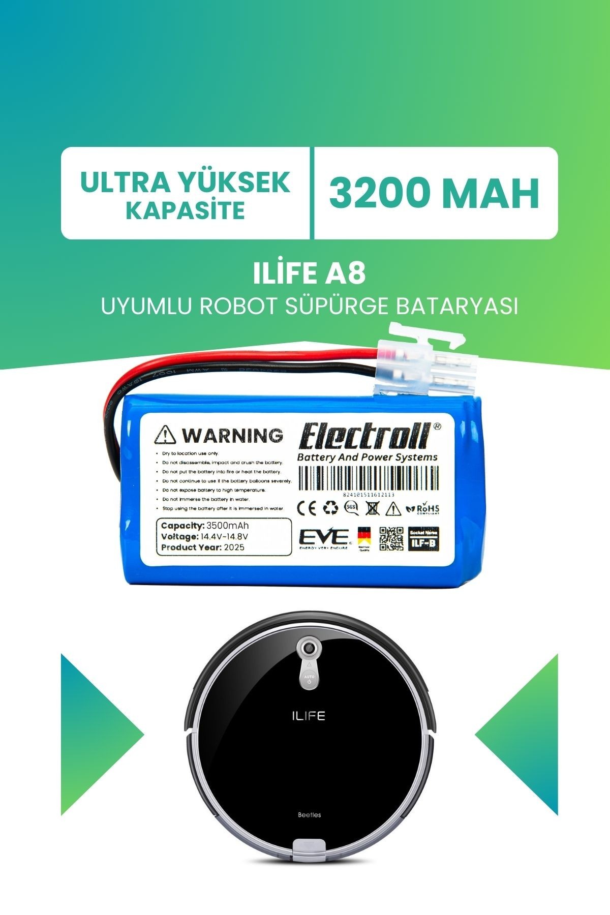 Ilife A8 Uyumlu Batarya (ULTRA YÜKSEK KAPASİTE) 3200mah Pil Robot Süpürge Bataryası