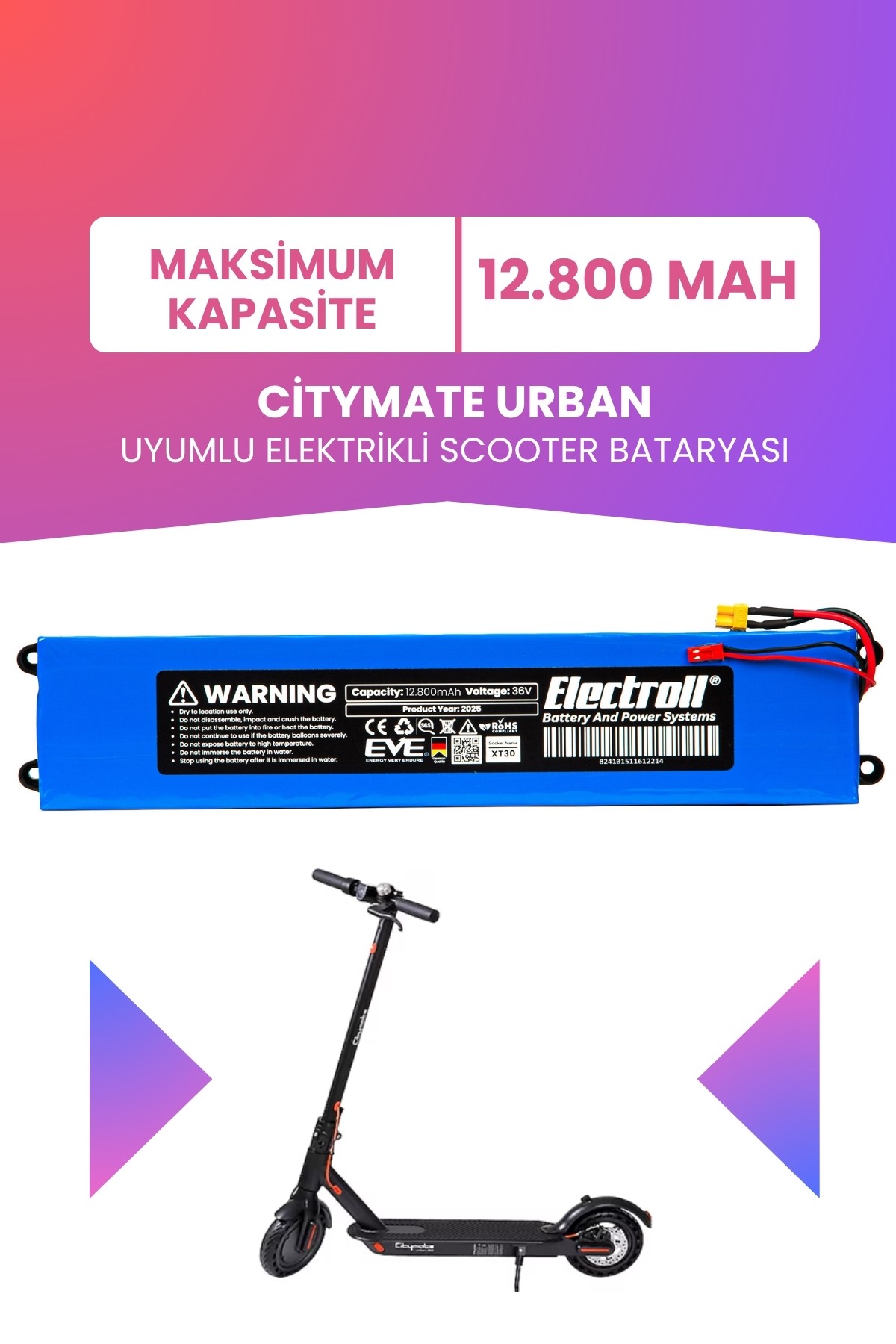 Citymate Urban Uyumlu Batarya (Maksimum Kapasite) 36v 12.800Mah Elektrikli Scooter Bataryası