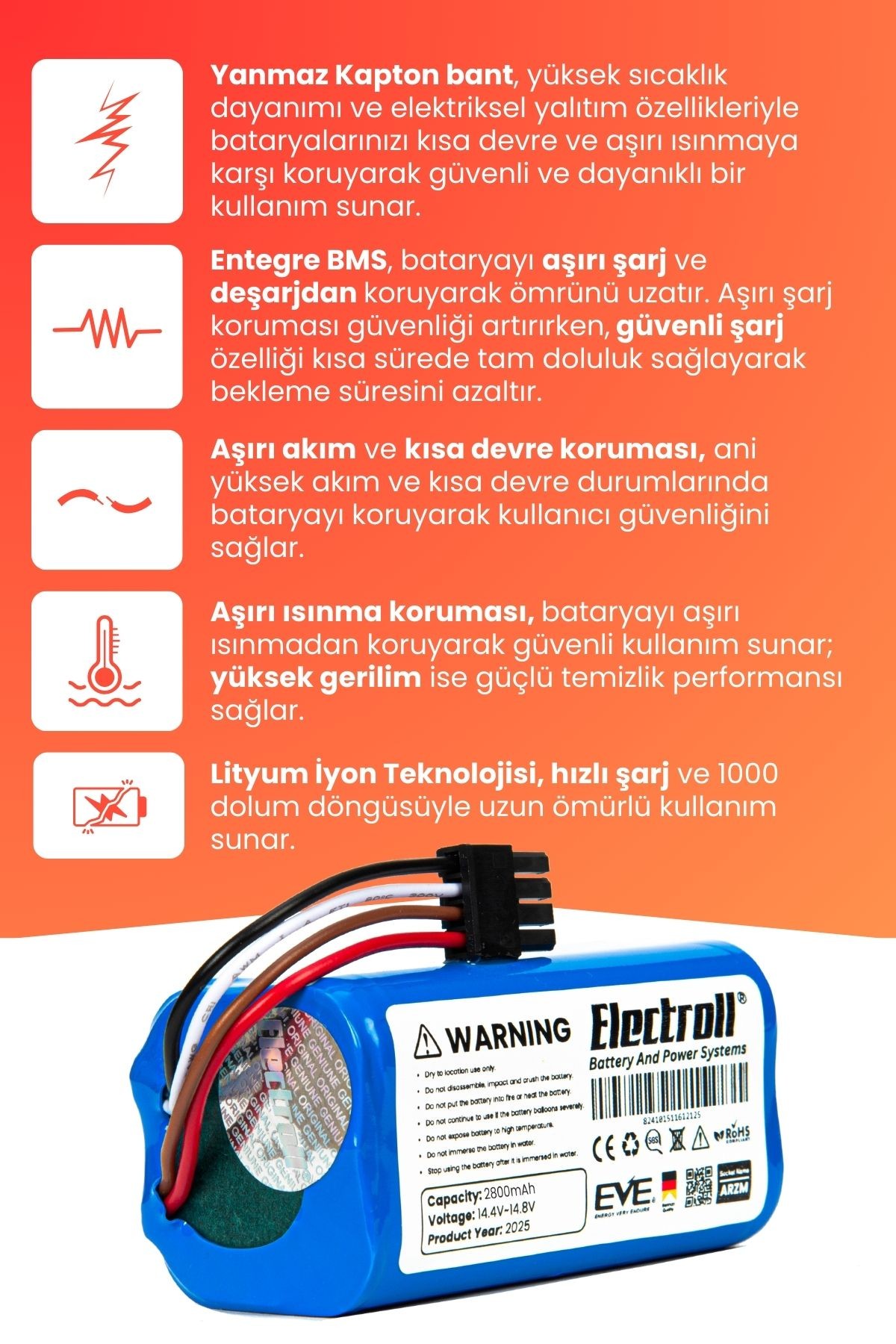 Arzum Robotek X2 AR4301 Uyumlu Batarya (YÜKSEK KAPASİTE) 2800mah Pil Akıllı Robot Süpürge Bataryası