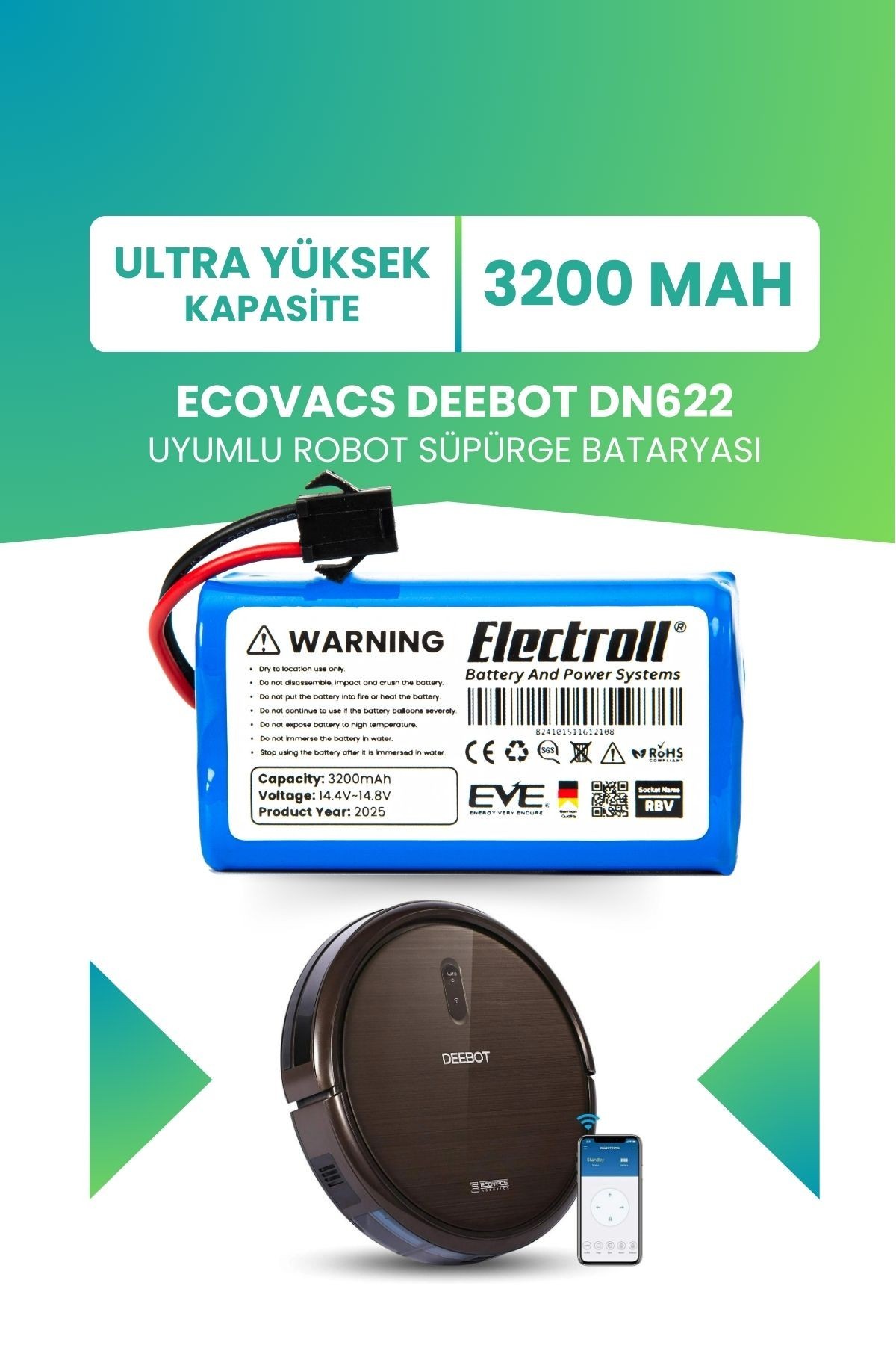 Ecovacs Deebot Dn622 Uyumlu Batarya (ULTRA YÜKSEK KAPASİTE) 3200mah Pil Robot Süpürge Bataryası