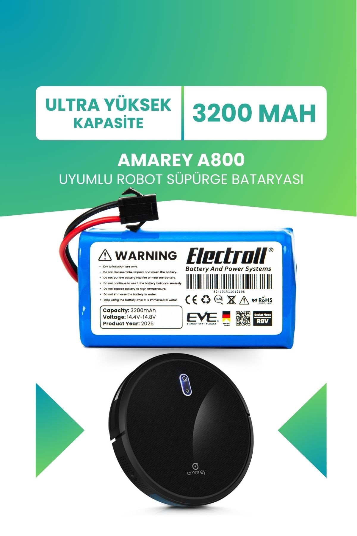 Amarey A800 Uyumlu Batarya (ULTRA YÜKSEK KAPASİTE) 3200mah Pil Akıllı Robot Süpürge Bataryası