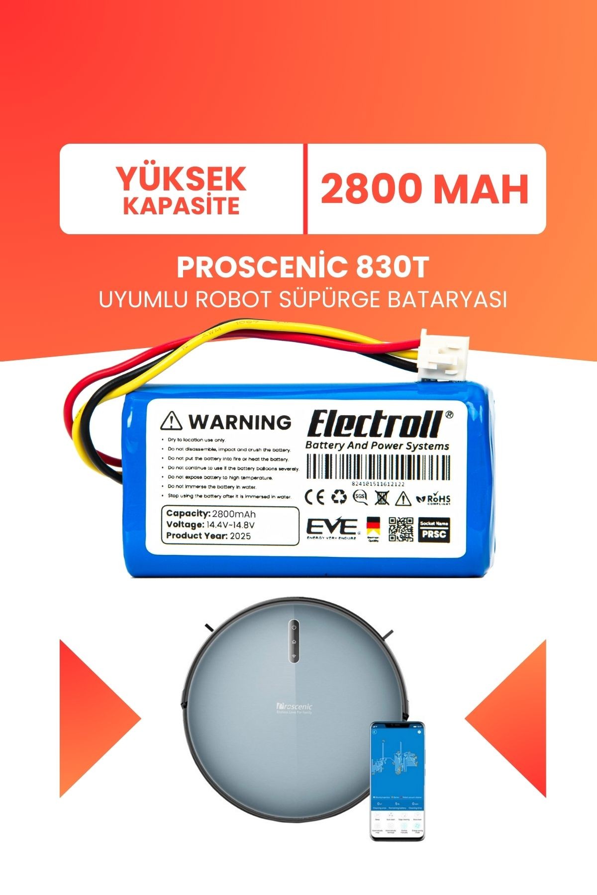 Proscenic 830t Uyumlu Batarya (YÜKSEK KAPASİTE) 2800mah Pil Robot Süpürge Bataryası Değişimi