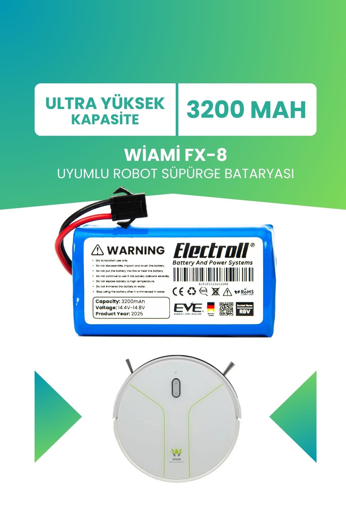 WİAMİ FX-8 Uyumlu Batarya (ULTRA YÜKSEK KAPASİTE) 3200mah Pil Robot Süpürge Bataryası