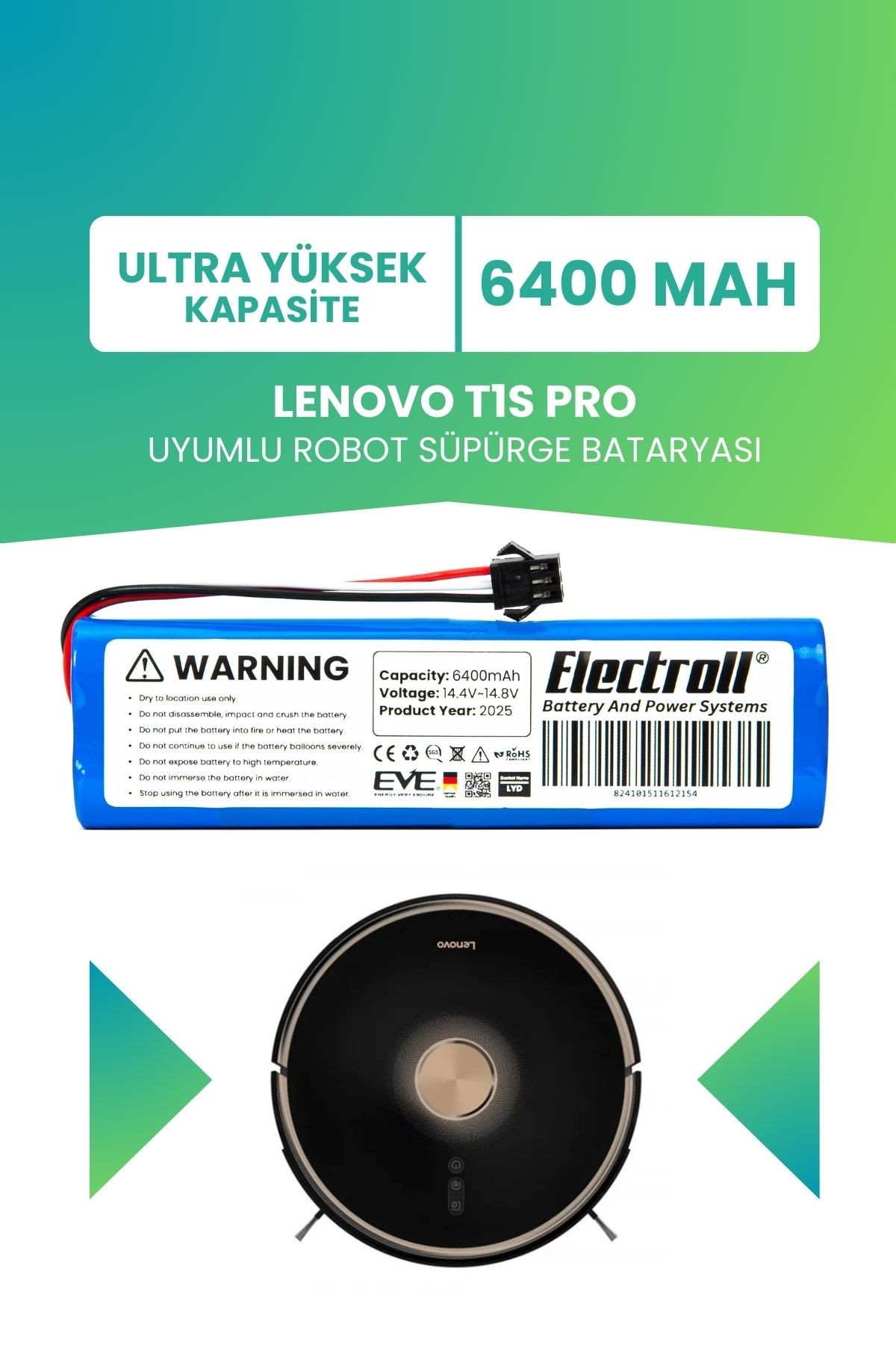 Lenovo T1s Pro Uyumlu Batarya (YÜKSEK KAPASİTE) 6400mah Pil Robot Süpürge Bataryası Değişimi