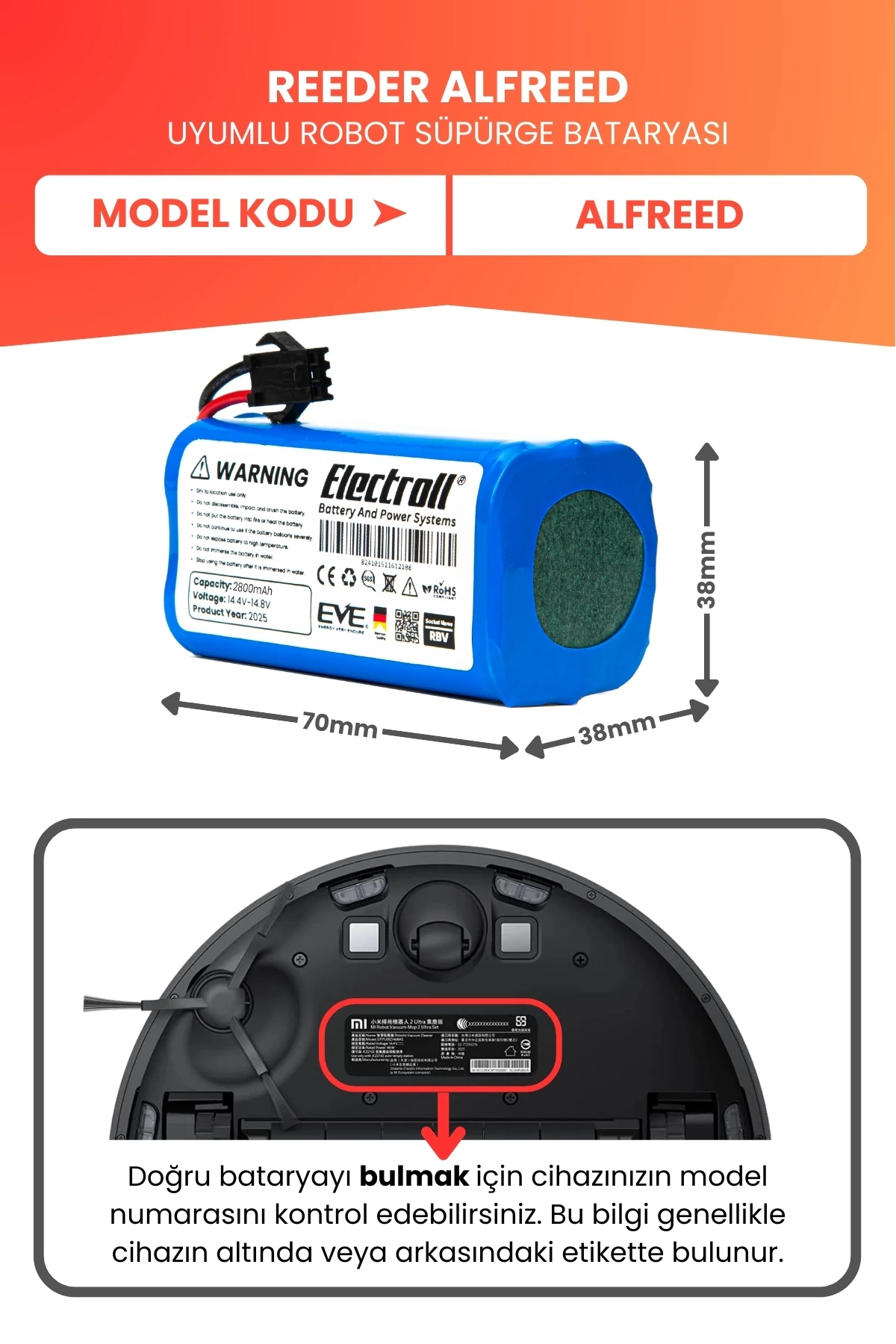 Reeder Alfreed Uyumlu Batarya (YÜKSEK KAPASİTE) 2800mah Pil Robot Süpürge Batarya Değişimi