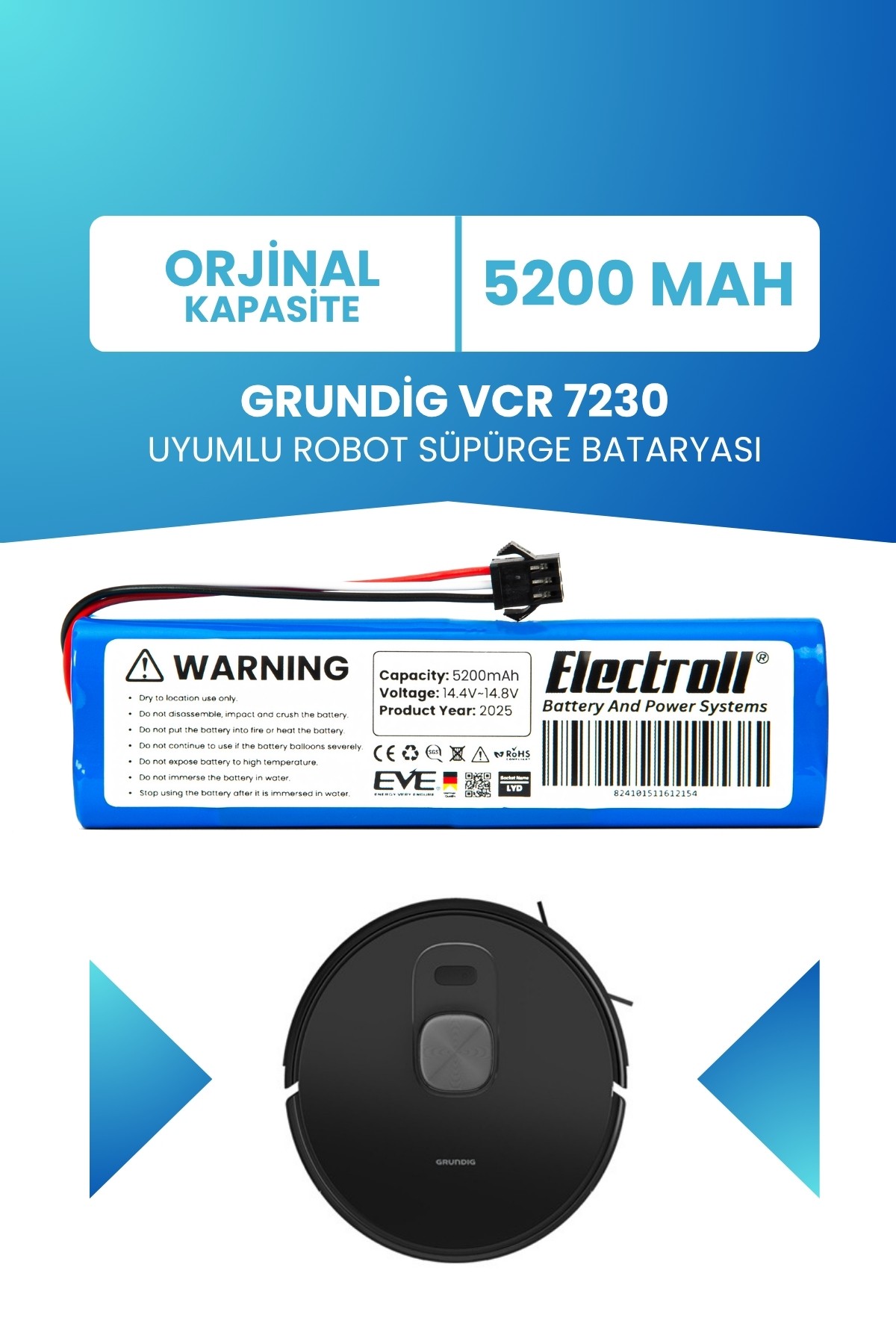 Grundig Vcr 7230 Uyumlu Batarya (STANDART KAPASİTE) 5200mah Robot Süpürge Bataryası
