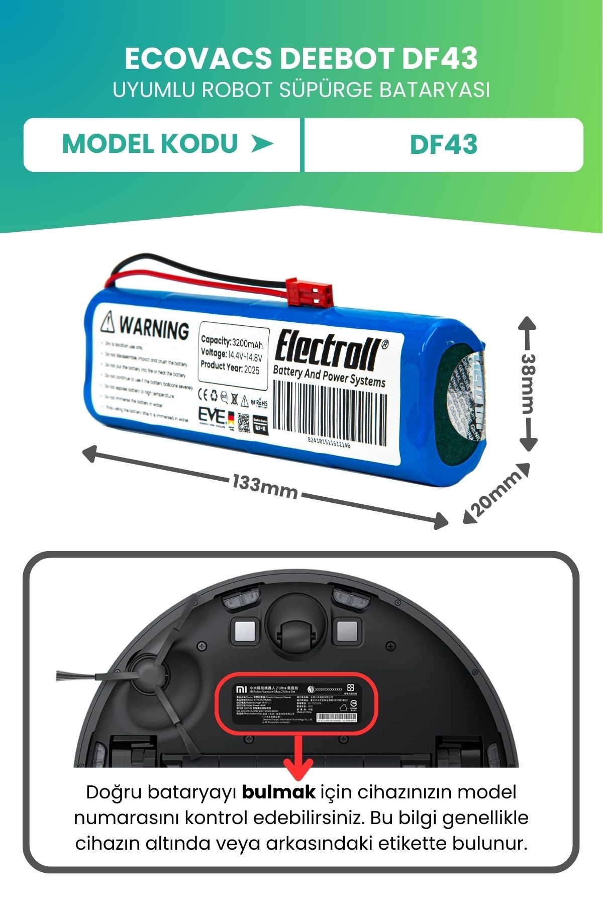 Ecovacs Deebot Df43 Uyumlu Batarya (YÜKSEK KAPASİTE) 3200mah Pil Robot Süpürge Bataryası Değişimi