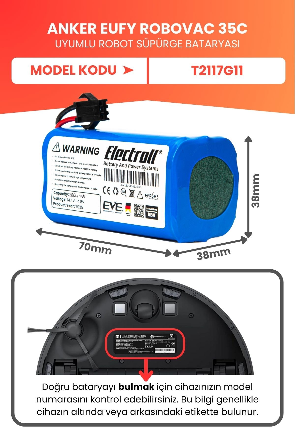 Eufy Robovac 35c Uyumlu Batarya (YÜKSEK KAPASİTE) 2800mah Robot Süpürge Bataryası T2117G11