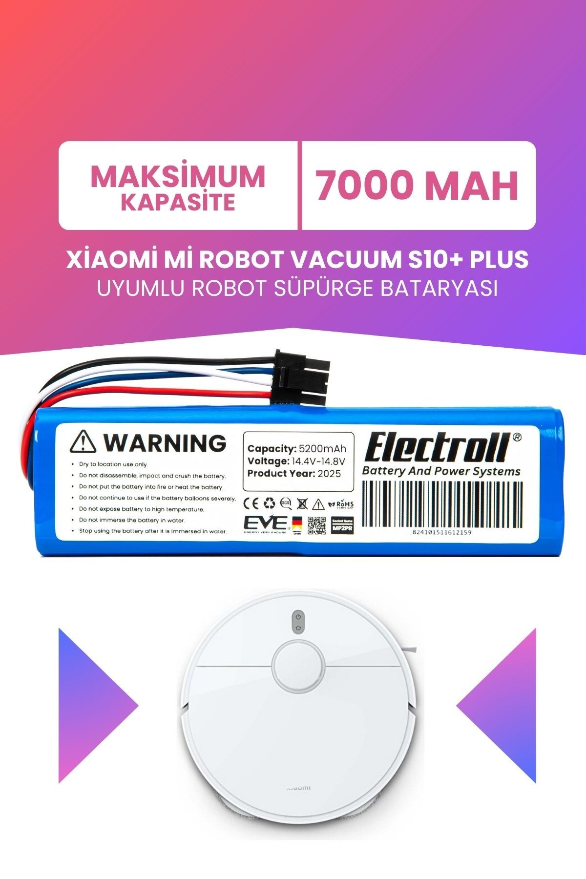 Xiaomi Mi Robot Vacuum S10+ Plus Uyumlu Batarya (MAKSİMUM KAPASİTE) 7000mah Robot Süpürge Pil B105