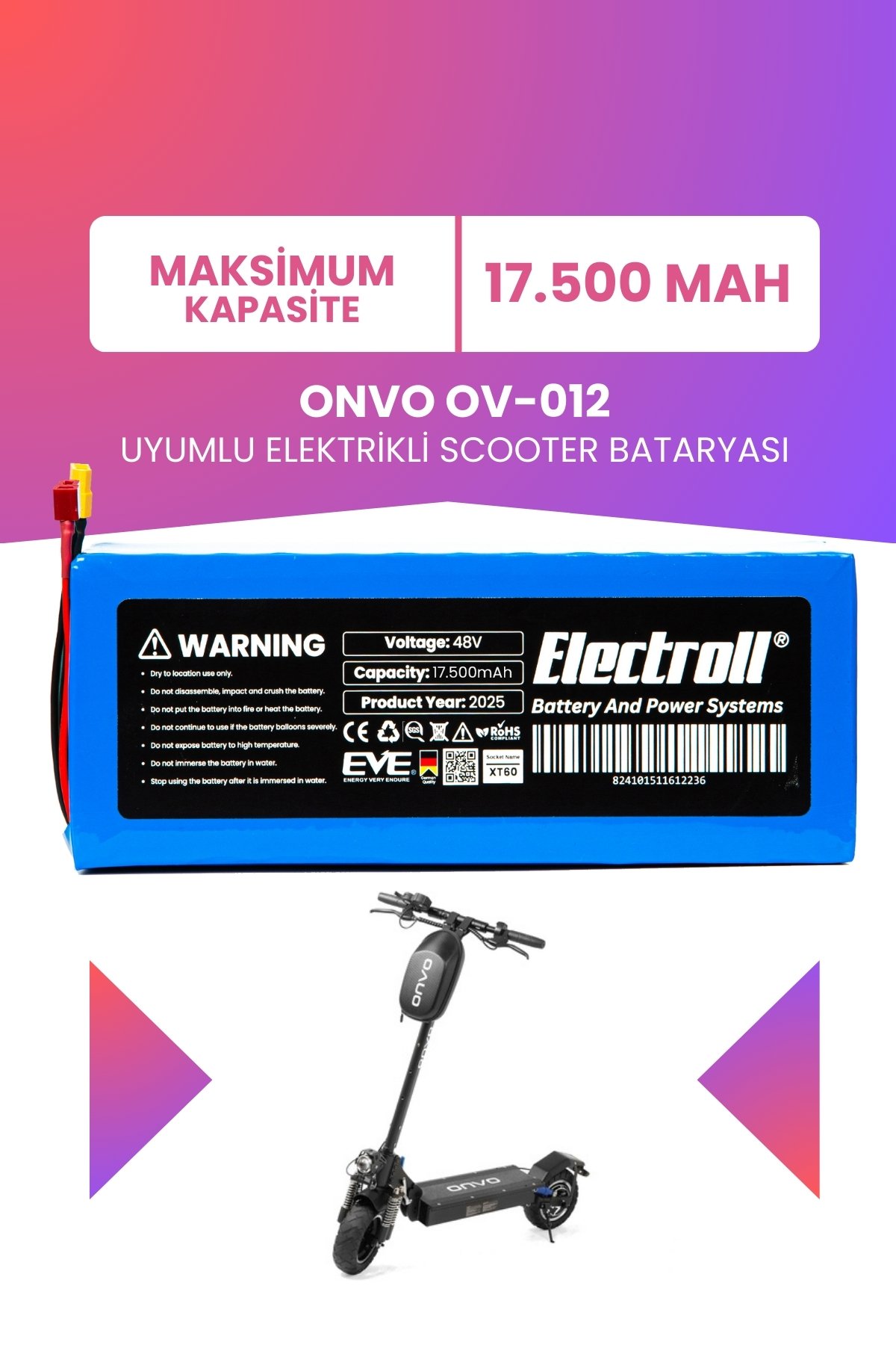 ONVO OV-012 (Maksimum Kapasite) Batarya 48v 17.5ah Pil Elektrikli Scooter Bataryası