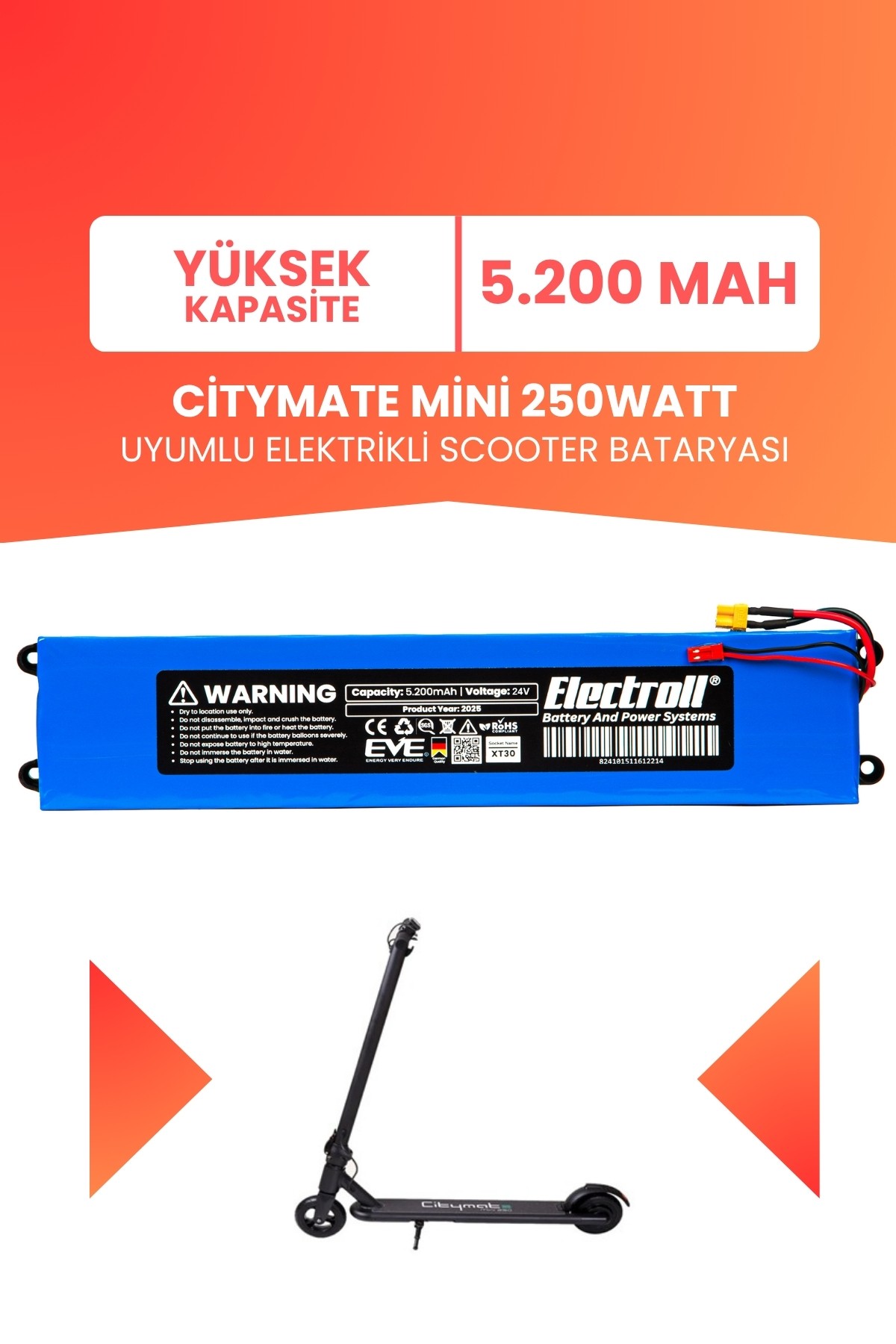Citymate Mini 250watt Batarya 24v (YÜKSEK KAPASİTE) 5200mah Pil Elektrikli Scooter Bataryası Değişim