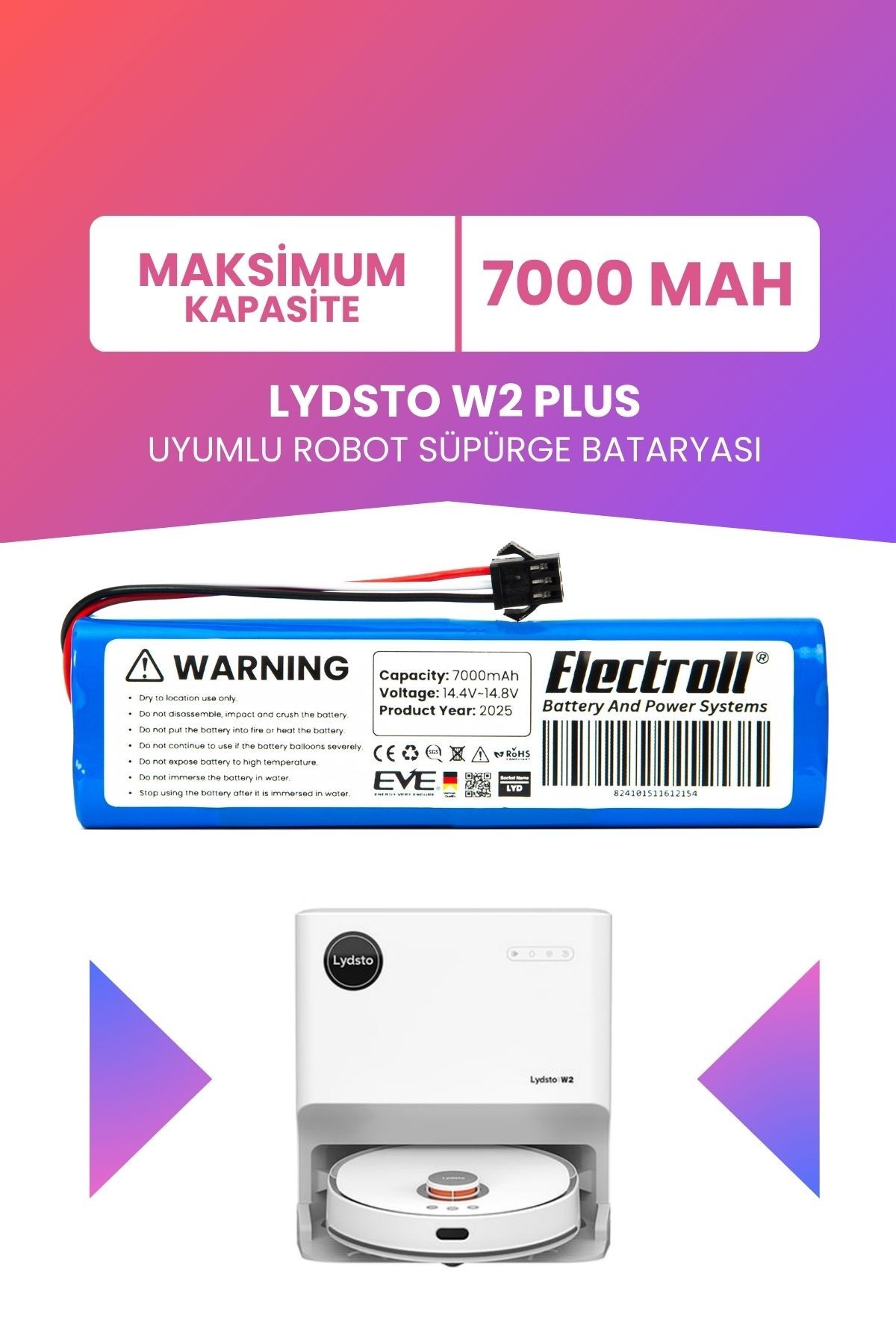 Lydsto W2 Plus Uyumlu Batarya (MAKSİMUM KAPASİTE) 7000mah Pil Robot Süpürge Bataryası Değişimi