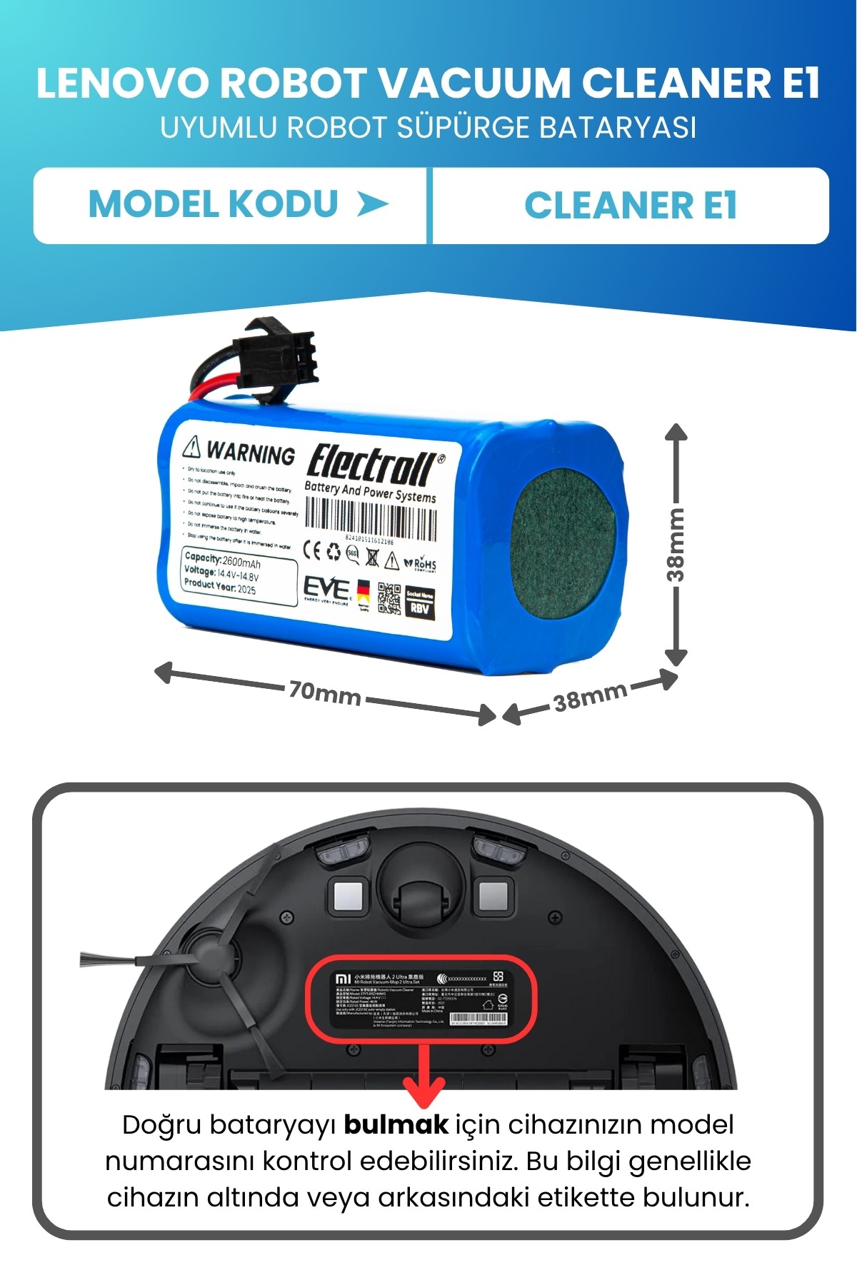 Lenovo Robot Vacuum Cleaner E1 Uyumlu Batarya (STANDART KAPASİTE) 2600mah Robot Süpürge Bataryası