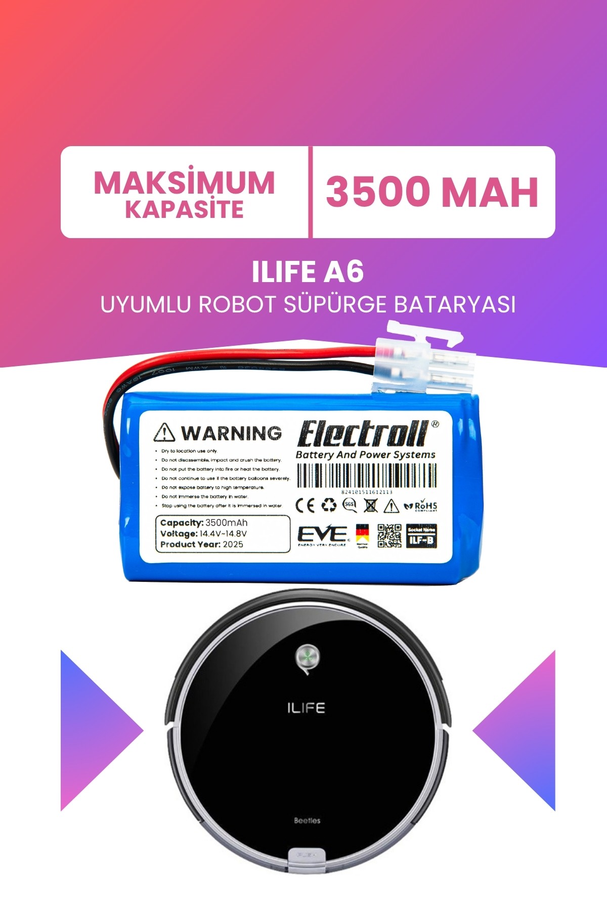 Ilıfe A6 Uyumlu Batarya (MAKSİMUM KAPASİTE) 3500mah Pil Robot Süpürge Bataryası
