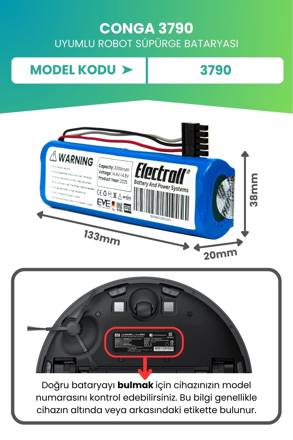 Conga 3790 Uyumlu Batarya (ULTRA YÜKSEK KAPASİTE) 3200mah Pil Robot Süpürge Bataryası Değişimi