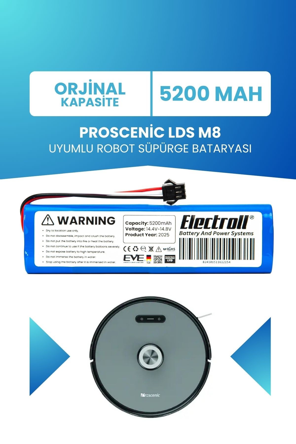 Proscenic Lds M8 Uyumlu Batarya (ORJİNAL KAPASİTE) 5200mah Pil Robot Süpürge Bataryası Değişimi