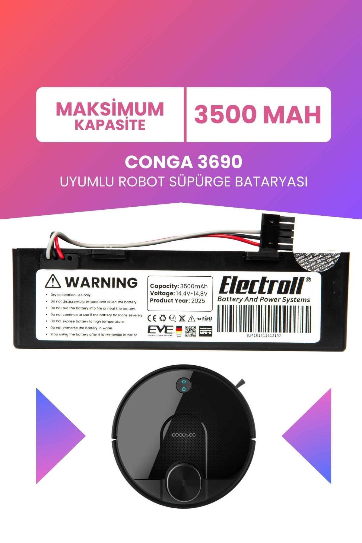 Conga 3690 Uyumlu Batarya (MAKSİMUM KAPASİTE) 3500mah Pil Kutulu Robot Süpürge Bataryası Değişimi