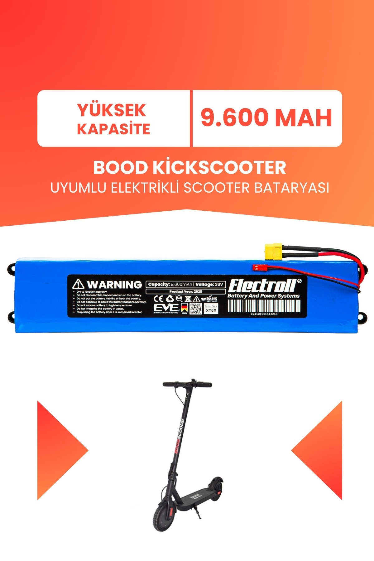 Bood Kickscooter Uyumlu Batarya (Yüksek Kapasite) 36v 9.600Mah Elektrikli Scooter Bataryası