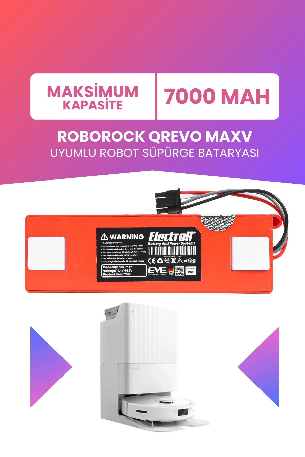 Roborock QREVO MAXV Uyumlu Batarya (MAKSİMUM KAPASİTE) 7000mah Kutulu Robot Süpürge Pil Değişimi