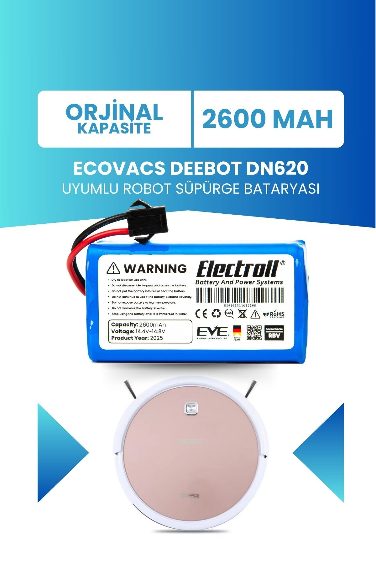 Ecovacs Deebot Dn620 Uyumlu Batarya (ORJİNAL KAPASİTE) 2600mah Pil Robot Süpürge Bataryası