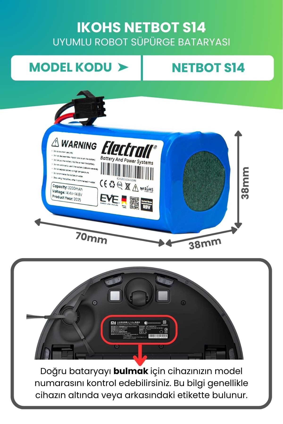 Ikohs Netbot S14 Uyumlu Batarya (ULTRA YÜKSEK KAPASİTE) 3200mah Pil Robot Süpürge Bataryası