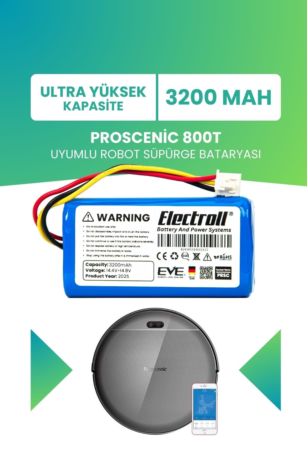 Proscenic 800t Uyumlu Batarya (YÜKSEK KAPASİTE) 3200mah Pil Robot Süpürge Bataryası Değişimi