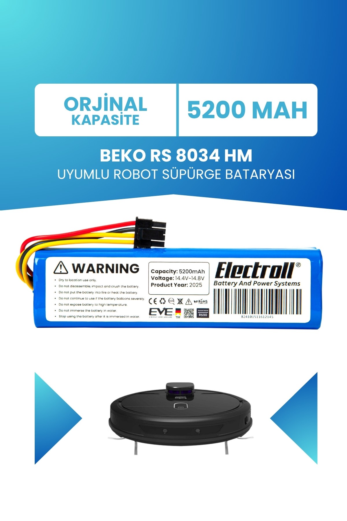 Beko Rs 8034 Hm Uyumlu Batarya (STANDART KAPASİTE) 5200mah Robot Süpürge Bataryası