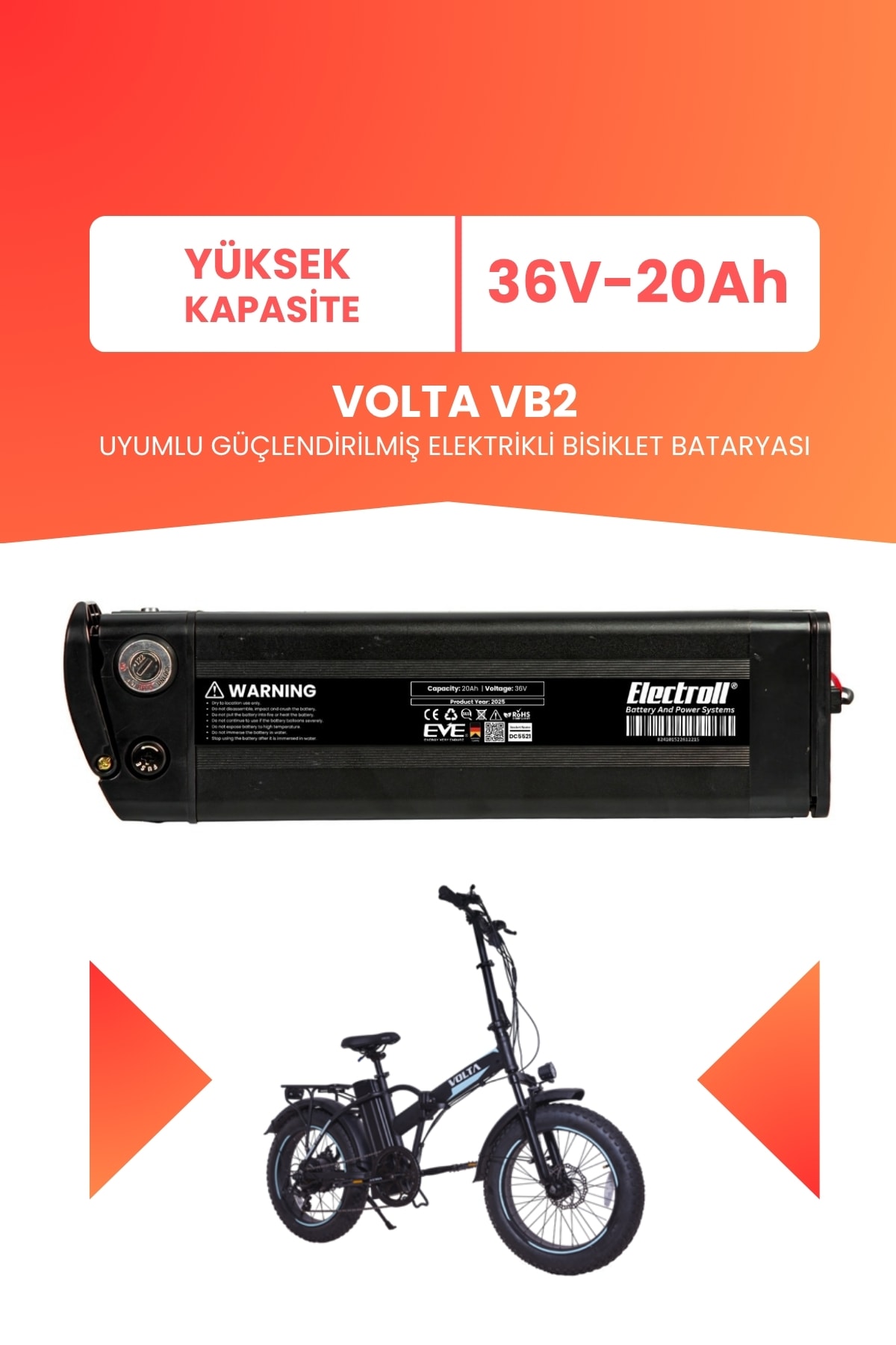 Volta Vb2 Uyumlu 36V 20Ah (Yüksek Kapasite) Güçlendirilmiş Elektrikli Bisiklet Batarya Tamir, Revizyon ve Pil Yenileme