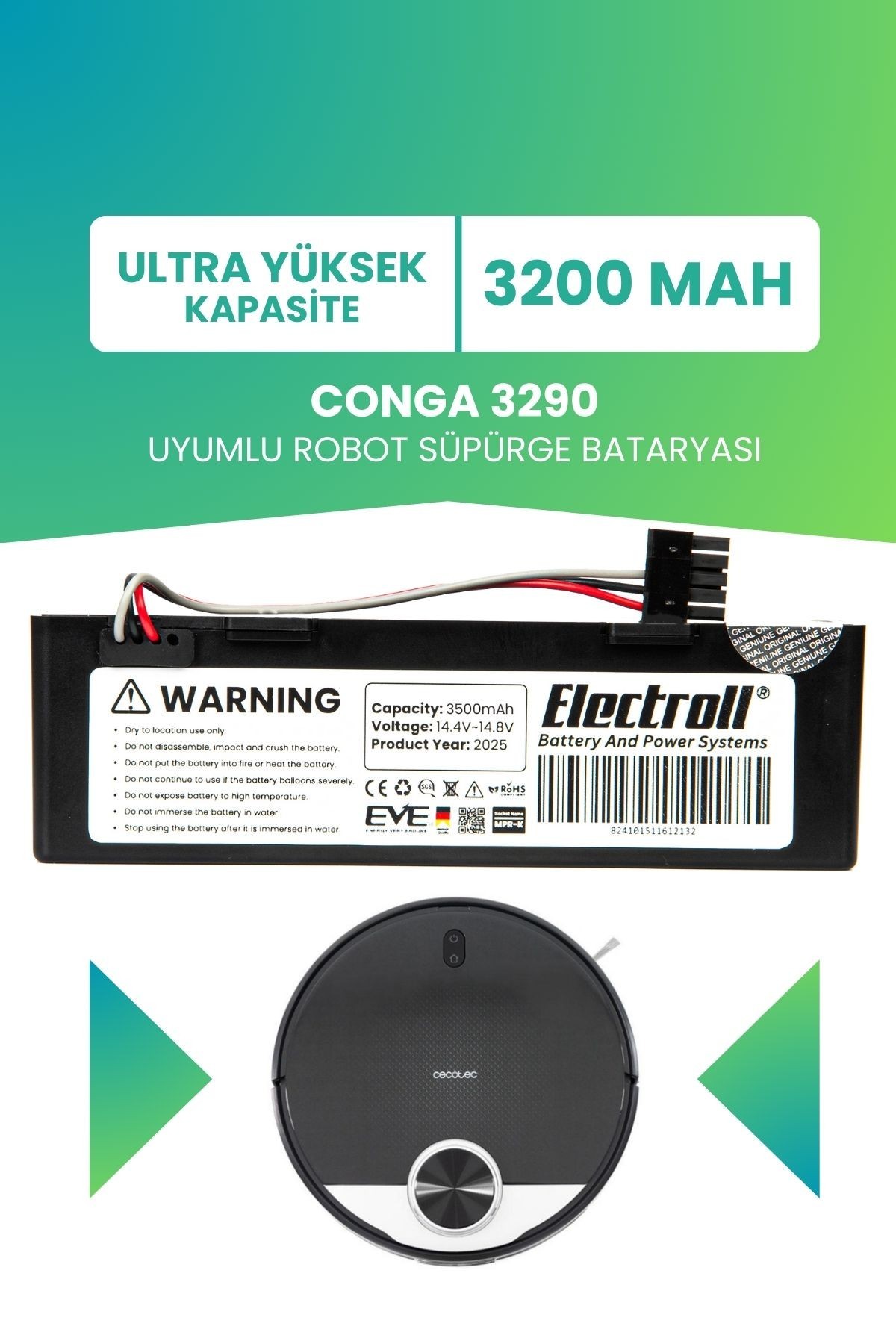 Conga 3290 Uyumlu Batarya (ULTRA YÜKSEK KAPASİTE) 3200mah Kutulu Robot Süpürge Bataryası Değişimi