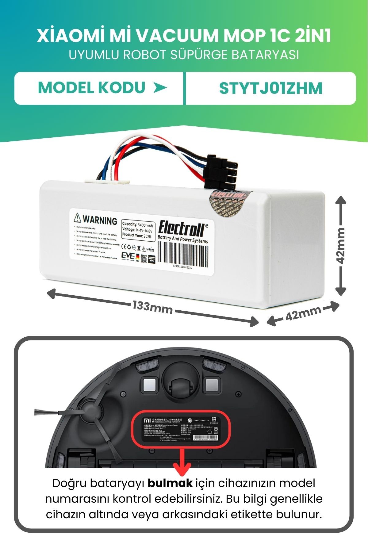 Xiaomi Mi Vacuum Mop 1c Uyumlu Batarya (SÜPER KAPASİTE) 6400mah Robot Süpürge Pil Stytj01zhm