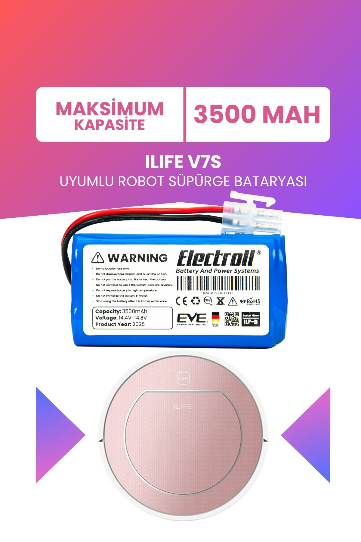 Ilıfe V7s Uyumlu Batarya (MAKSİMUM KAPASİTE) 3500mah Pil Robot Süpürge Bataryası