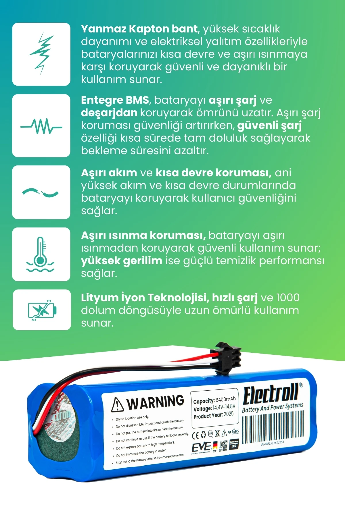Uoni V980 Max Uyumlu Batarya (ULTRA YÜKSEK KAPASİTE) 6400mah Kutulu Robot Süpürge Pil Değişimi