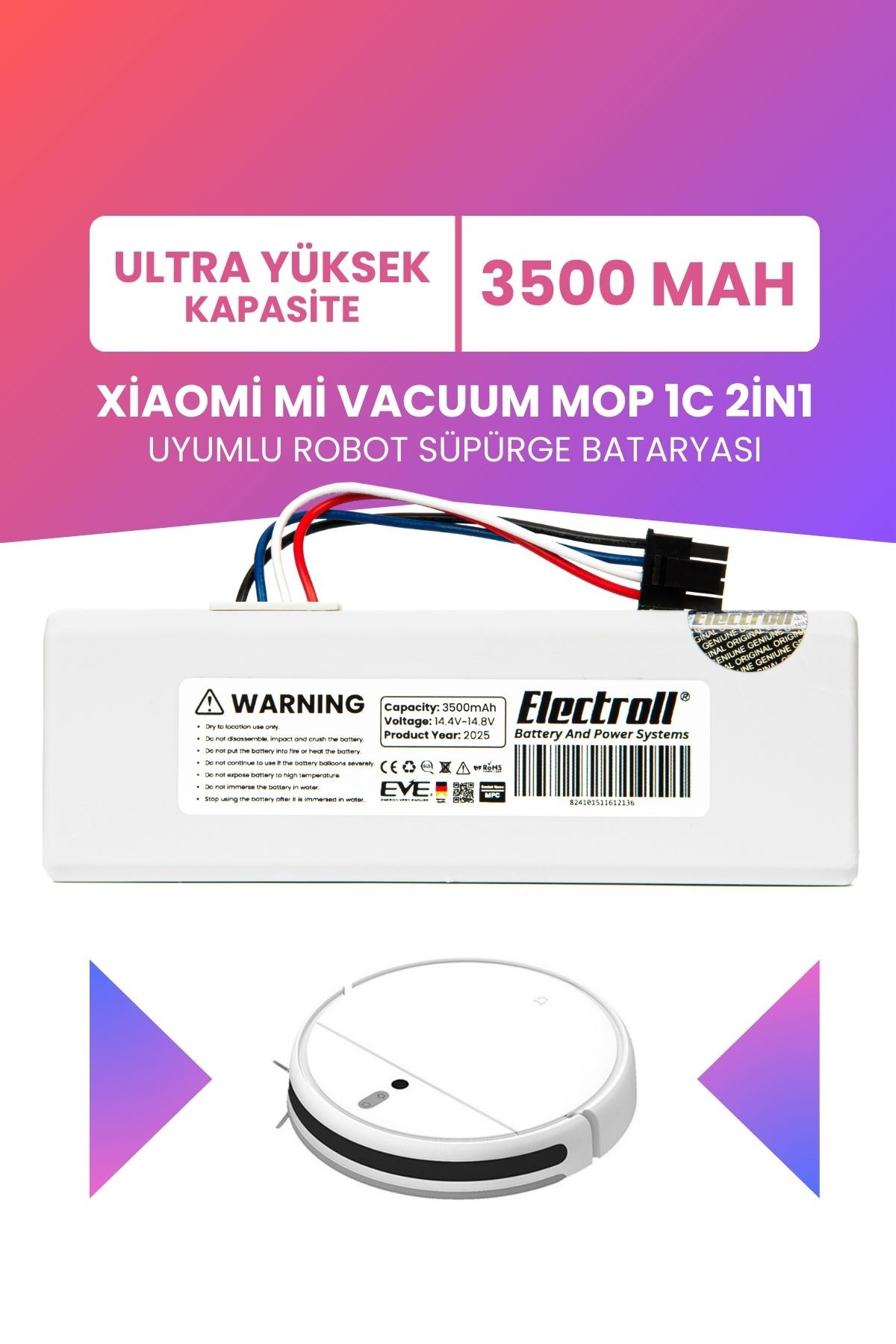 Xiaomi Mi Vacuum Mop 1c 2in1 Uyumlu Batarya (ULTRA YÜKSEK KAPASİTE) 3500mah Robot Süpürge STYTJ01ZHM