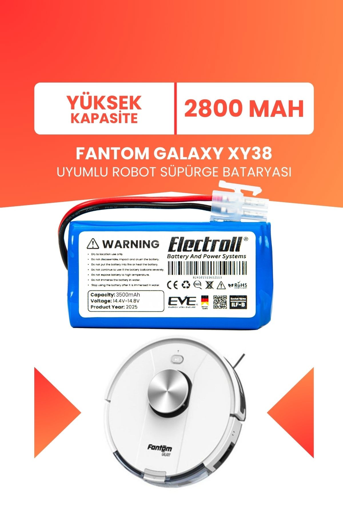 Fantom Galaxy XY38 Uyumlu Batarya (YÜKSEK KAPASİTE) 2800mah Pil Robot Süpürge Bataryası Değişimi