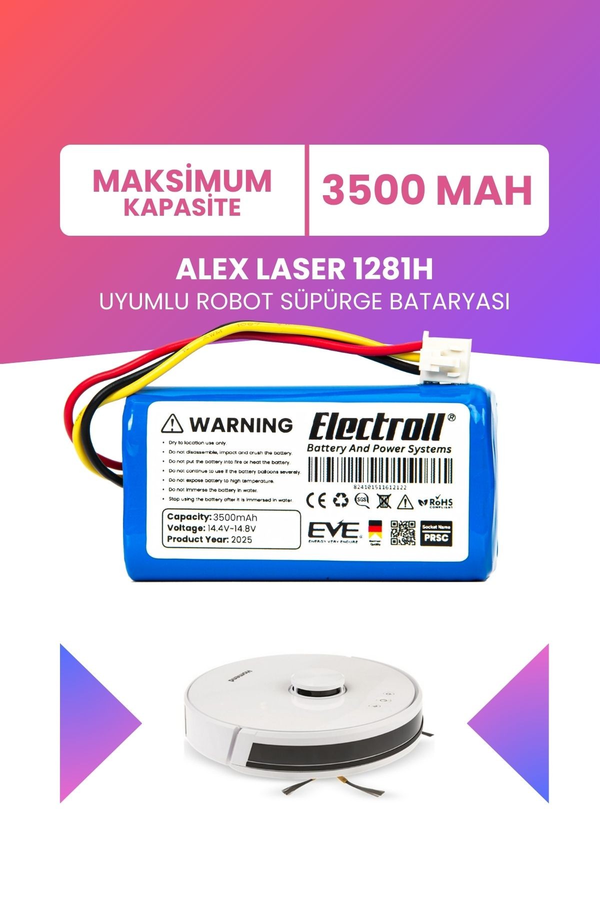 Alex Laser 1281h Uyumlu Batarya (MAKSİMUM KAPASİTE) 3500mah Pil Robot Süpürge Bataryası Değişimi