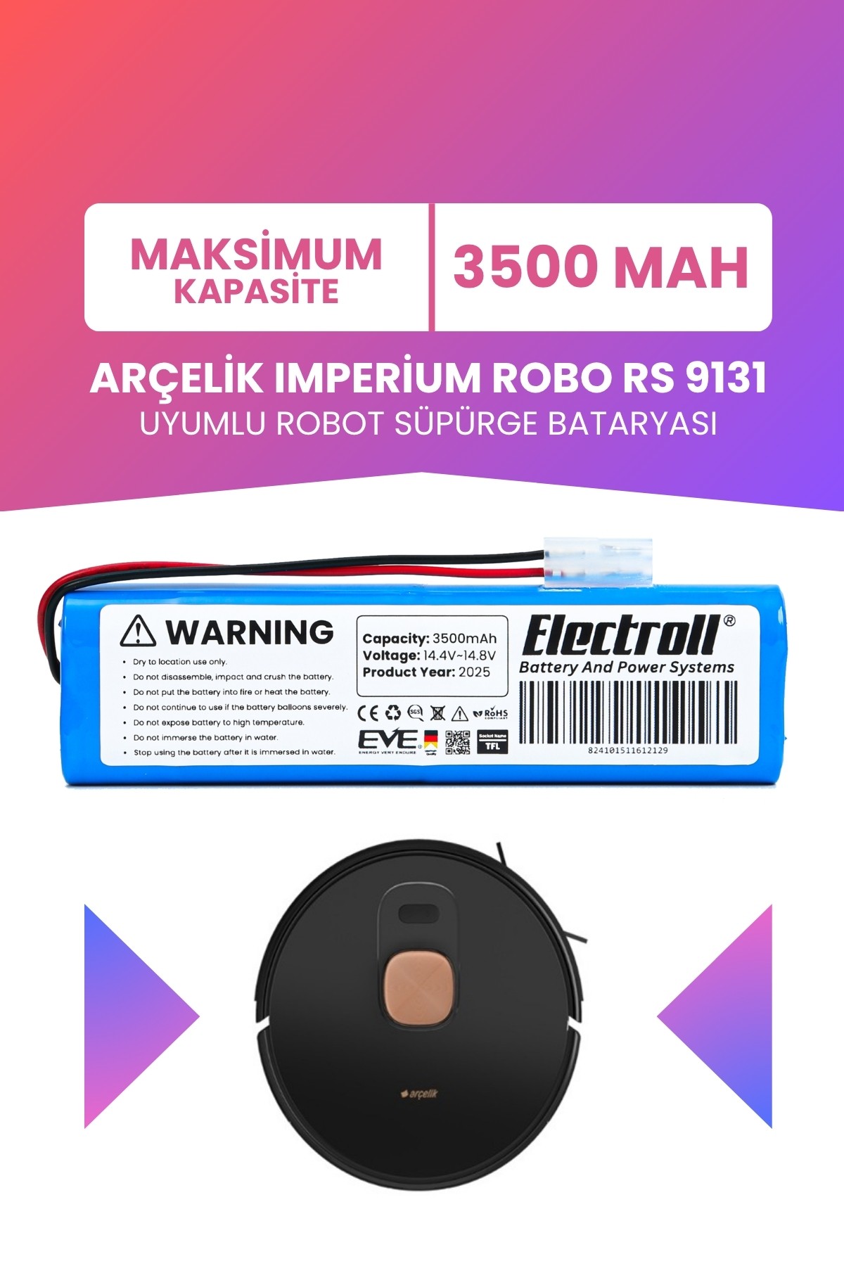 Arçelik Imperium Robo Rs 9131 Uyumlu Batarya (MAKSİMUM KAPASİTE) 3500mah Pil Robot Süpürge Bataryası