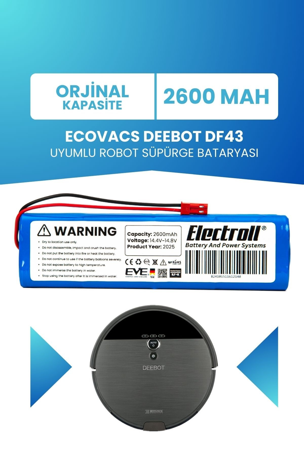 Ecovacs Deebot Df43 Uyumlu Batarya (ORJİNAL KAPASİTE) 2600mah Pil Robot Süpürge Bataryası Değişimi
