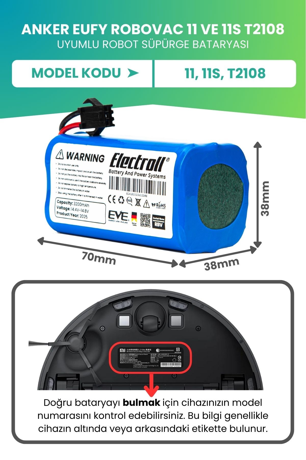 Eufy Robovac 11 Ve 11s T2108 Uyumlu Batarya (ULTRA YÜKSEK KAPASİTE) 3200mah Süpürge Bataryası