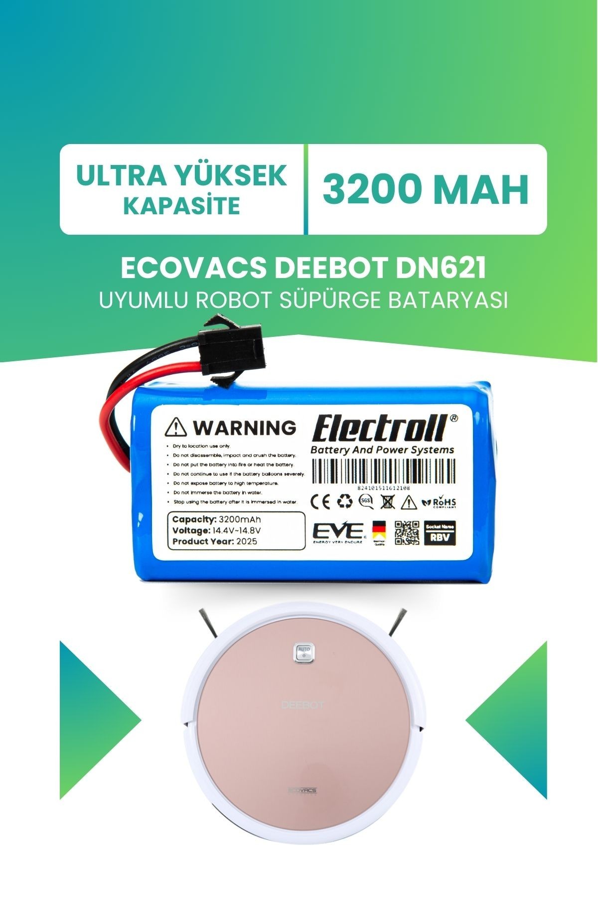 Ecovacs Deebot Dn621 Uyumlu Batarya (ULTRA YÜKSEK KAPASİTE) 3200mah Pil Robot Süpürge Bataryası