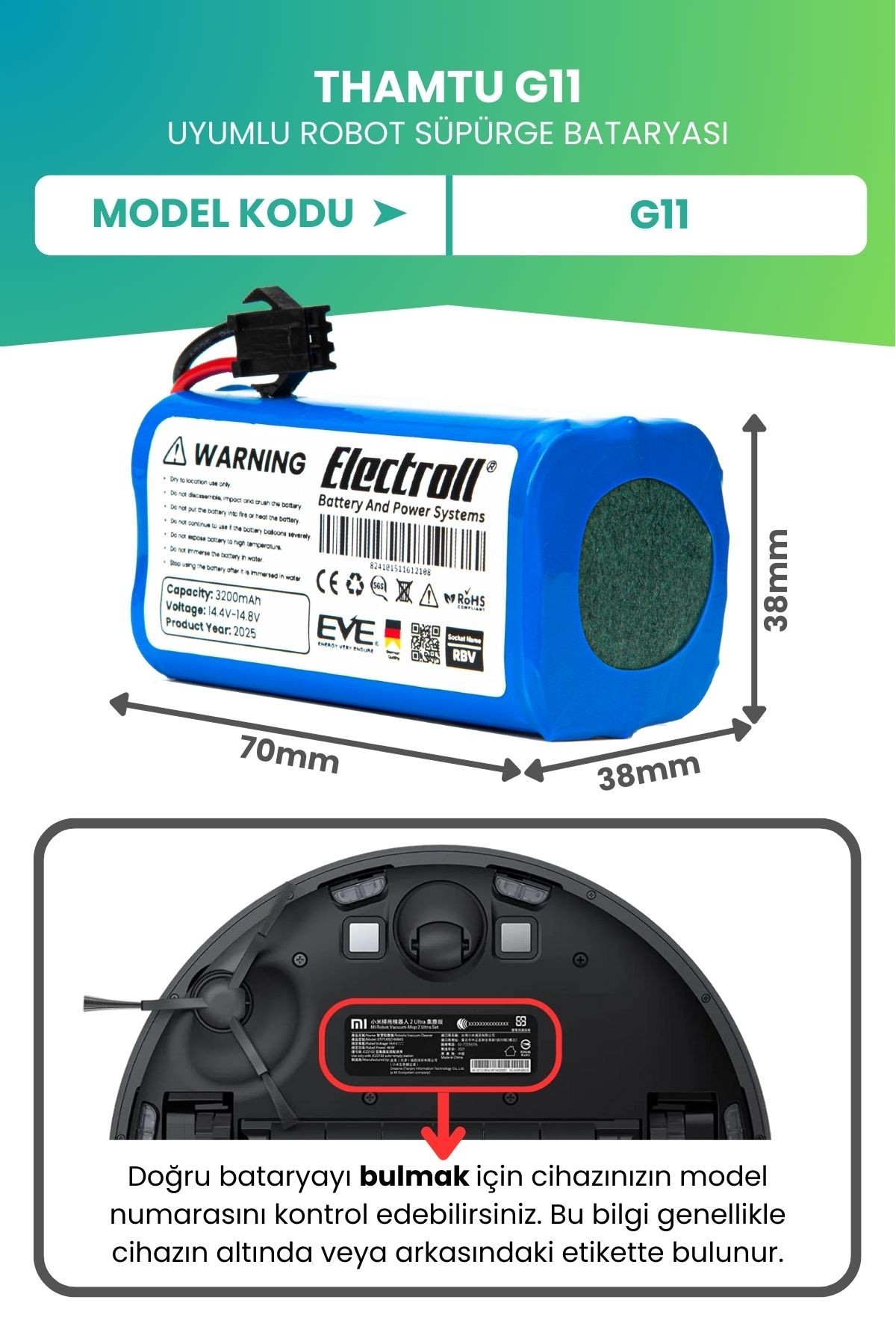 Thamtu G11 Uyumlu Batarya (ULTRA YÜKSEK KAPASİTE) 3200mah Pil Robot Süpürge Bataryası